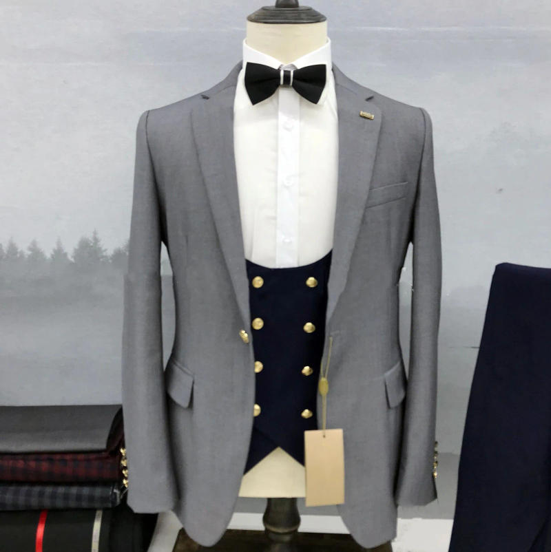 Description Picture 5 of itemCustom Grey Coat Navy Blue Vest Pant Fashion Wedding Suits Men Formal Slim Fit Groom Prom Tailcoat Tailor Made Man Blazer Tuxedo