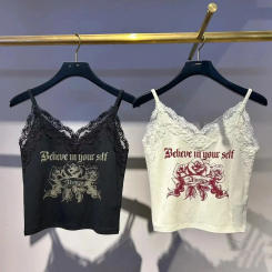 Original M Brand 2024 Spring/Summer New Lace Edge Printed Short Versatile Casual Sling Luxury Brand Designer Tees Vest