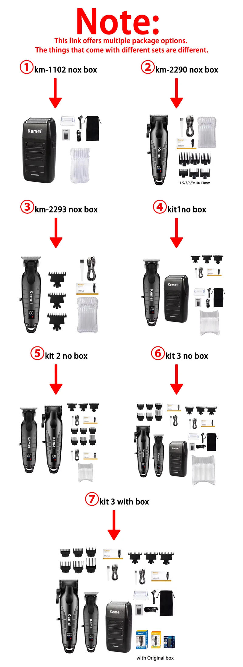 Description Picture 3 of itemKemei Hair Clipper Kit for Men, Electric Shaver, Hair Trimmer, Professional Cutting Machine, KM-2290, KM-2293, KM-1102