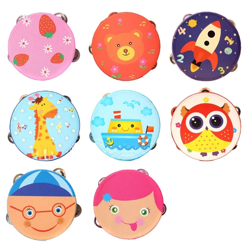 Description Picture 2 of item652D Wood Mini Tambourine Hand Bell Drum for Toddlers Kids 6inch Cute Tambourine Kids Wood Percussion Instrument