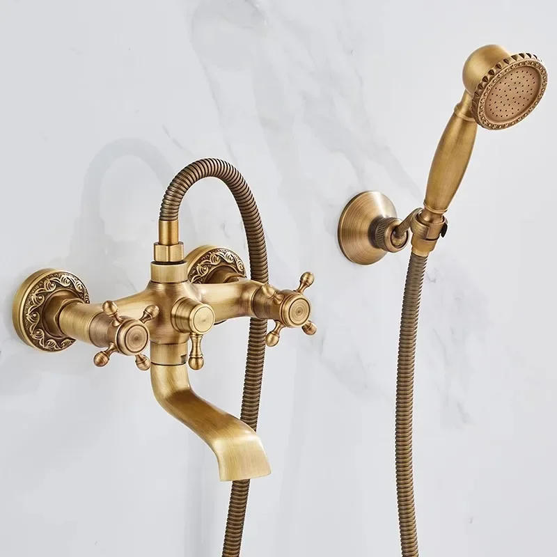 Description Picture 5 of itemAntique Bathtub Shower Set Wall Mounted Brass Faucet Bathroom Hot  and Cold Bath and Mixer Taps Brass