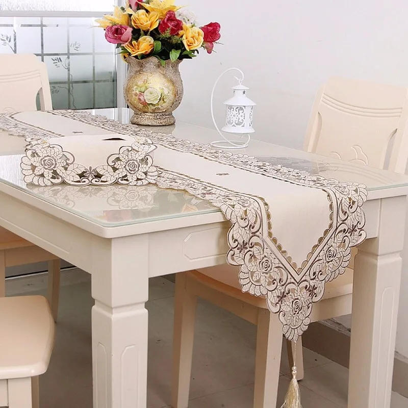 Description Picture 6 of itemPastoral Embroidery Hollow Flower Table Runner Mat Embroidered Floral Cutwork Tablecloth Covers Rectangle Flower Table Runners