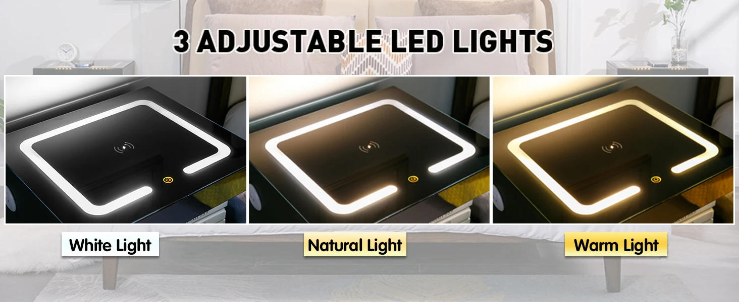 Description Picture 4 of itemNightstand Wireless Charging Station & USB Type C Ports, Minimalist Night Stand with LED Light 3 Colors & Adjustable Brightness