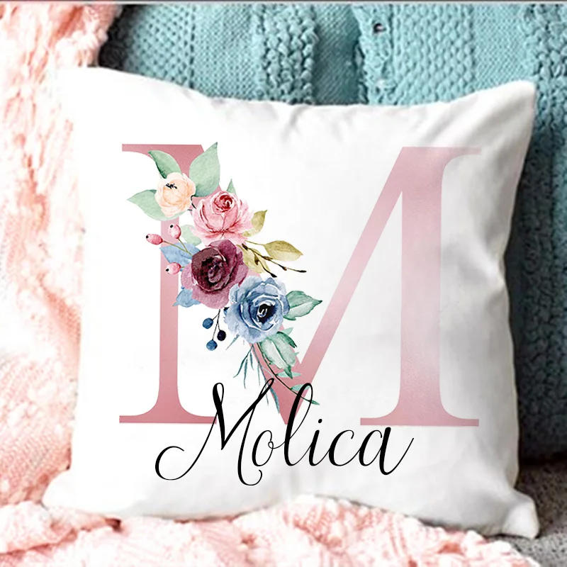 Description Picture 5 of itemPersonalised Pillow Cases Custom Initial Flower with Name Cushion Cover Decortion Pillowcase Housewarming Birthday Wedding Gifts