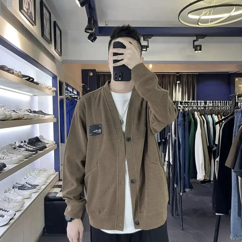 Description Picture 6 of itemNo Hoodie Black V Neck Men's Clothing Cardigan Knit Sweater Male Loose Fit Free Shipping Y2k Vintage Korean Style New in Overfit