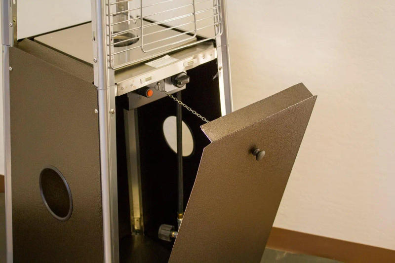 Description Picture 5 of itemHLDSO1-WGTHG Pyramid Glass Tube Propane Patio Heater w/Wheels 40,000 BTU Hammered Bronze Butane Heat output: 40,000BTU