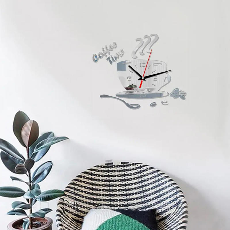 Description Picture 5 of item3D Mirror Coffee Cup Shaped Wall Clocks Modern Design Creative Wall Clock Sticker For DIY Kitchen Living Room Home Decorations