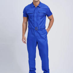 Mens Workwear Resistant Coverall with Belt Short Sleeve Front Zipper Multiple Pockets Overalls Jumpsuit Dungarees