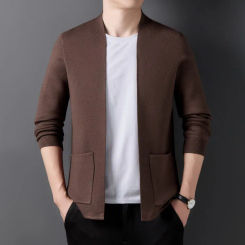Men Wool & Mulberry Silk Knitted Cardigan 2024 Spring Autumn Man Sweater Coat