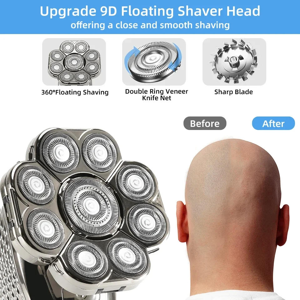 Description Picture 3 of itemMen's Bald Head Electric Shaver 9 Blades Floating 6In1 Heads Beard Nose Ear Hair Trimmer Clipper Facial Brush Rechargeable Razor