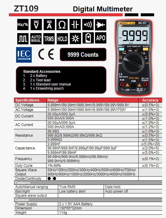 Description Picture 2 of itemZOYI ZT109/111 Digital Electrical Multimeter 6000 Counts DC/AC Current Voltage Tester True RMS Auto Ranging LCD Meters