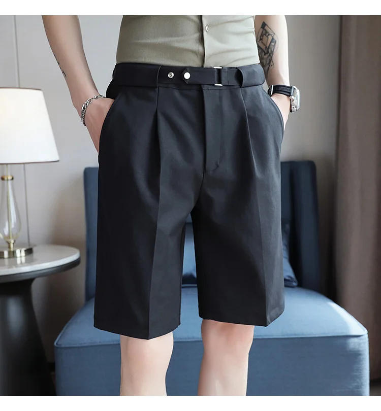 Description Picture 6 of itemSummer Fashion Men Belt Buckle Design Knee Length Shorts 2024 Formal Men Slim Casual Suit Shorts Korean Business Social Shorts