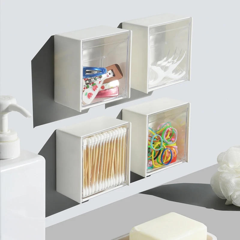 Description Picture 3 of itemPlastic Wall Mounted Storage Boxes Dustproof Bathroom Organizer for Cotton Swabs Makeup Adhesive Small Jewelry Holder Box