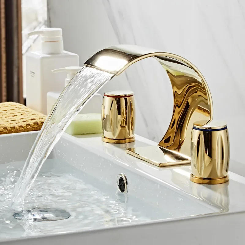 Description Picture 2 of itemBasin Total Brass Gold Deck Mounted Bathroom Sink Faucets 3 Hole Double Handle Hot And Cold Waterfall Faucet Water Tap