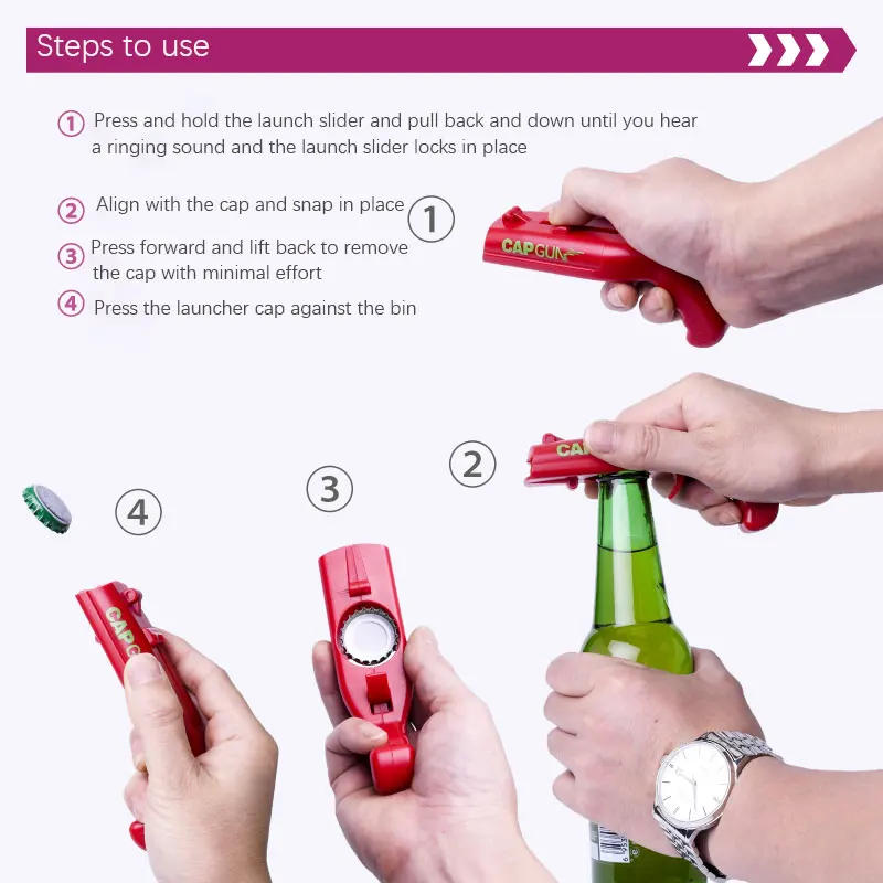 Description Picture 6 of itemCreative Portable Beer Opener Cap Gun Flying Cap Launcher Bottle Bar Home Tool Drink Opening Gun Shaped Bottle Lid Shooter
