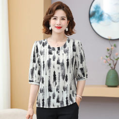 Fashion stripe Printing Chiffon Blouses Summer Elegant Chic O-neck Short Sleeve Shirts Office Lady Loose Tops Women Clothing