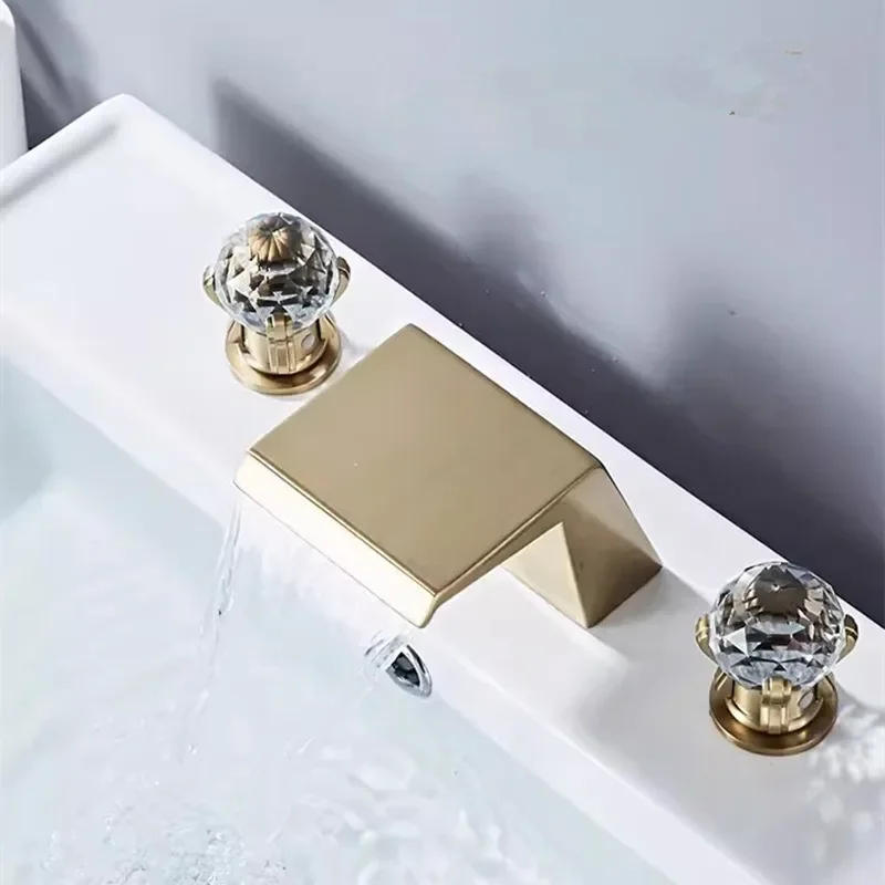 Description Picture 5 of itemTuqiu Luxury Brushed Gold Bathroom Faucet Brass Widespread Basin Sink 3 Hole Hot Cold Black  Water Tap