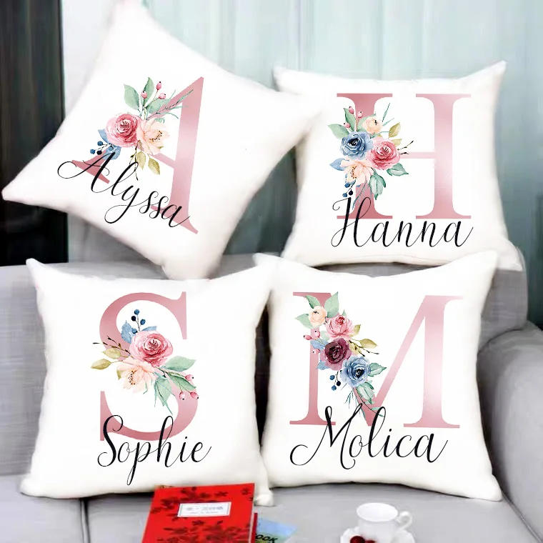 Description Picture 3 of itemPersonalised Pillow Cases Custom Initial Flower with Name Cushion Cover Decortion Pillowcase Housewarming Birthday Wedding Gifts