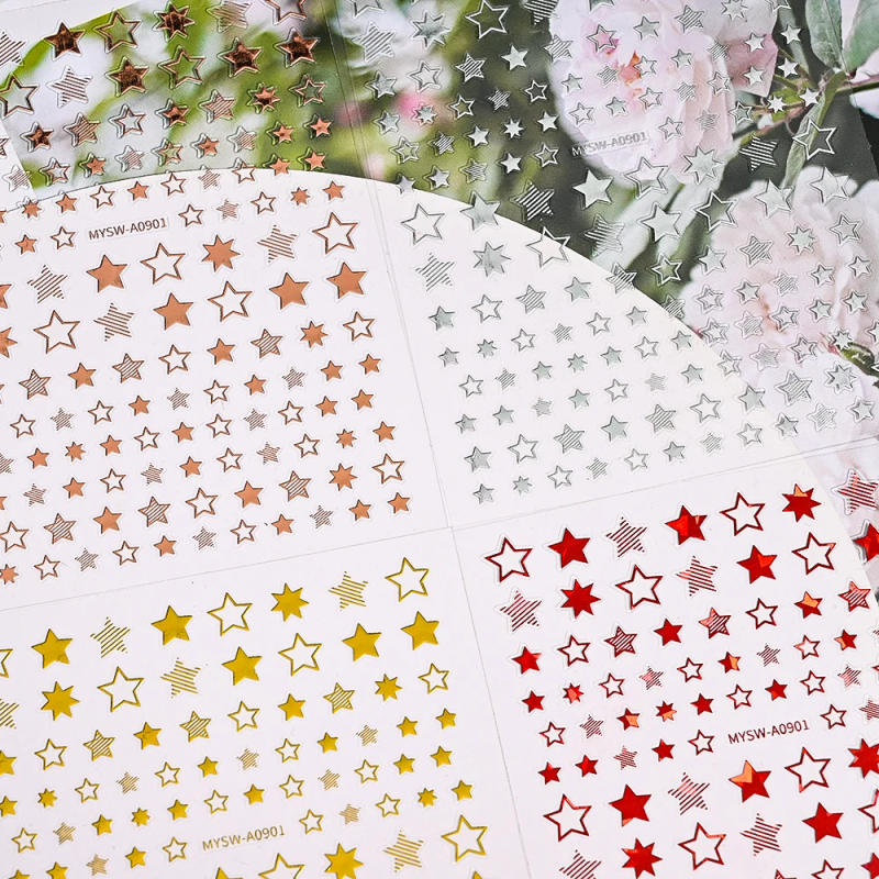 Description Picture 6 of item1/9pcs Silver Gold Star Nail Art Stickers Y2K Charms Self-Adhesive Sliders Laser White Chrome Gel Polish Decals Kawaii Stickers