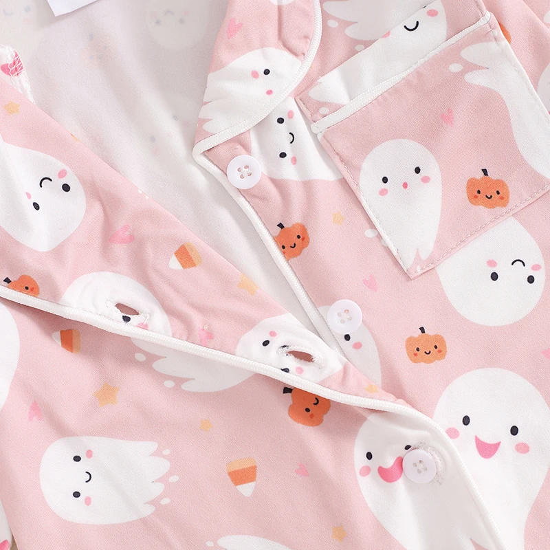 Description Picture 6 of itemBaby Girl Halloween Sleeping Romper Ghost Pumpkin Print Lapel Long Sleeve Button Down Jumpsuit