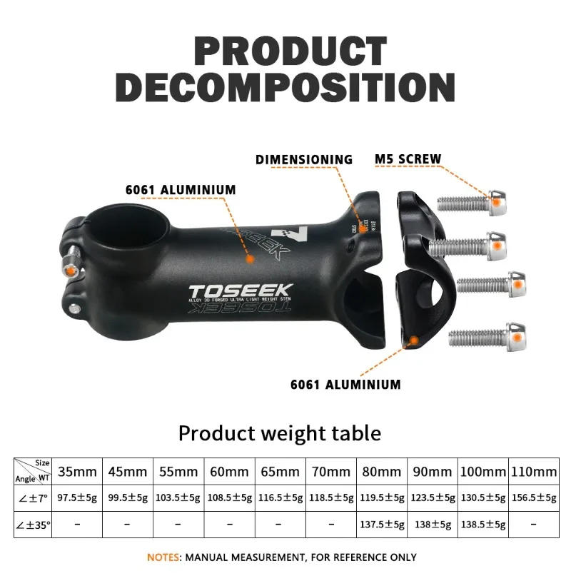 Description Picture 4 of itemTOSEEK Bicycle Stem ±7/±35 Degree 35/45/55/60/70/80/90/100/110mm MTB Stems 31.8mm Negative Power Mtb Lightweight Road Bike Table