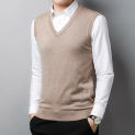 Spring and Autumn Men's V-neck Knitted Sweater Sleeveless Pullover Knitted Tank Top Solid Loose Fit Full Set Sweater Top