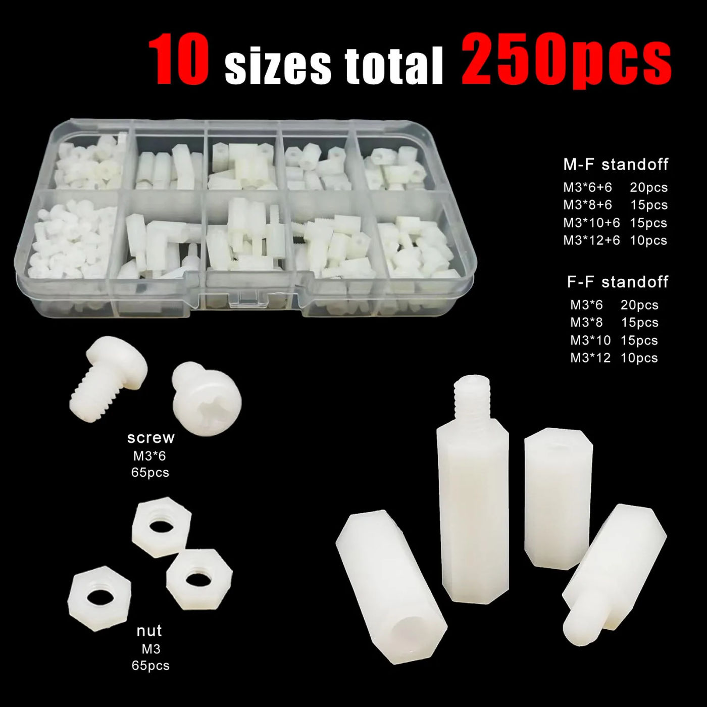 Description Picture 3 of item250pcs/set Mix M3 Size Plastic Nylon Insulated Hex Standoff Hexagon Pillar Spacer Column Screw Nut Assortment Kit Black White