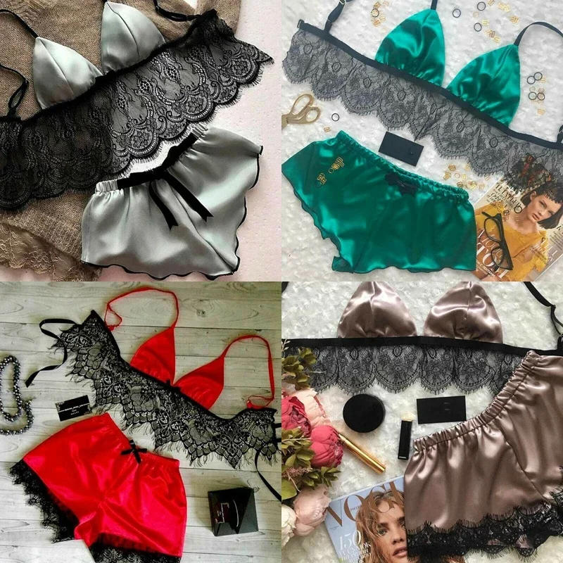 Description Picture 4 of itemNew Women Pajama Sets Sexy Lingerie Underwear Silk Satin Pajamas Crop Tops Bra+Shorts Sets Sexy V-Neck Sleeveless Nightwear