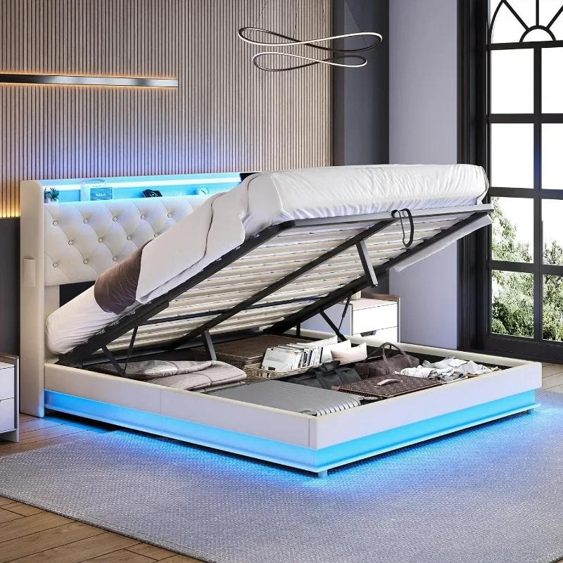 Description Picture 5 of itemZHENXIANG Full Size Lift Up Storage Bed Frame,Charging Station & Led Lights,Upholstered Platform Bed ,Wingback Storage Headboard