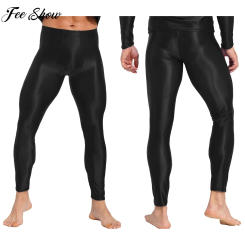 Mens Glossy Leggings Semi-through Skinny Pants Solid Color Trouser for Yoga Exercise Running Fitness Sports Workout Swimming