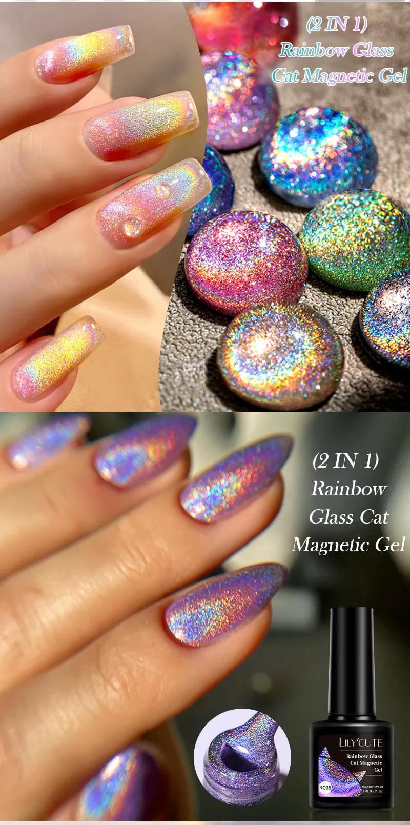 Description Picture 4 of itemLILYCUTE 7ml Double Light Rainbow Glass Cat Magnetic Gel Sparkling Color Gel Nail Polish Varnis Semi Permanent Manicure Nail