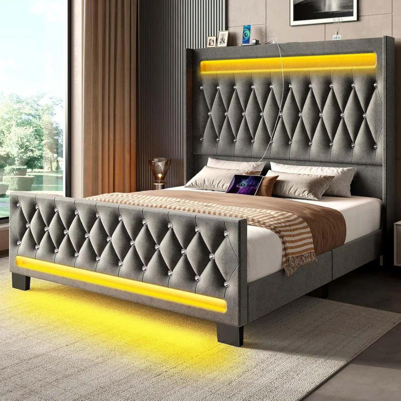 Description Picture 2 of itemKing Bed Frame with LED Light and Charging Station, Upholstered High Headboard and Footboard, Wood Slats, Noise Free