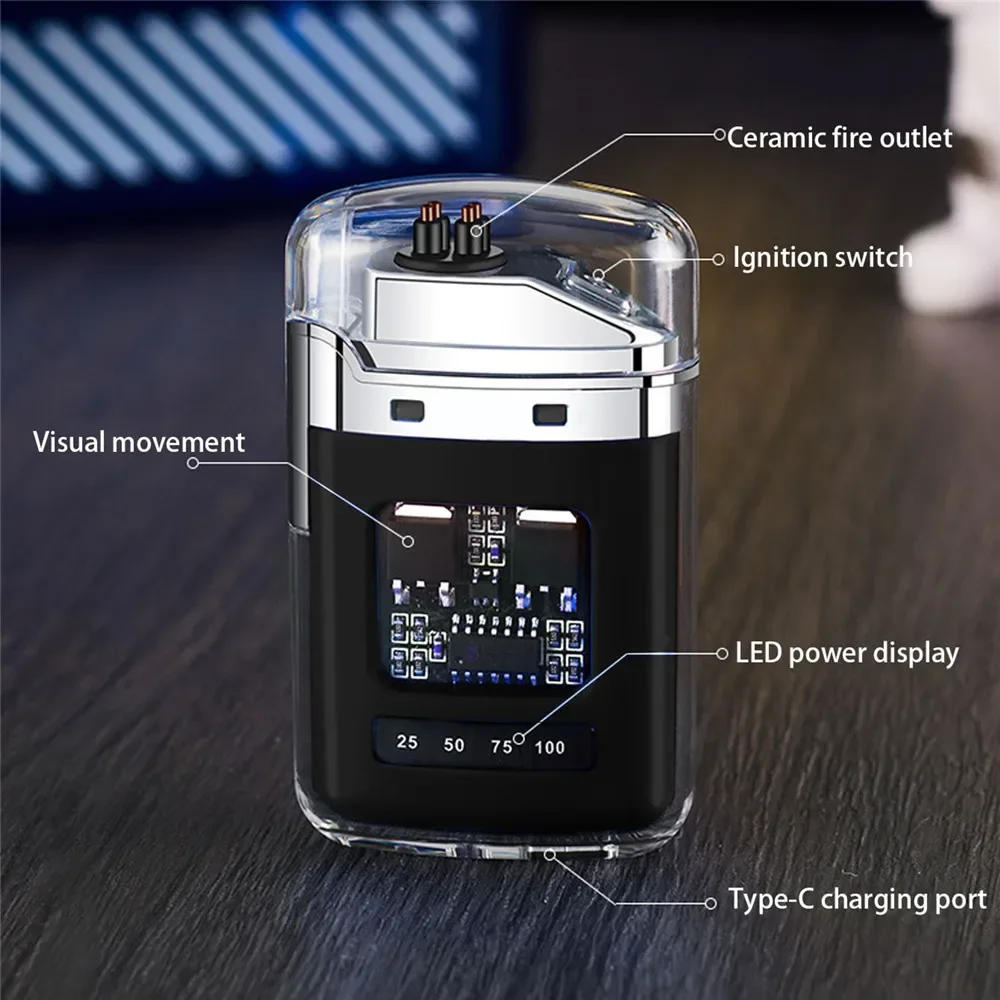 Description Picture 4 of itemNew Electronic Pulse Lighter Transparent Body Power Display Dual Arc Type C Rechargeable Windproof Plasma Lighter Smoking Gift