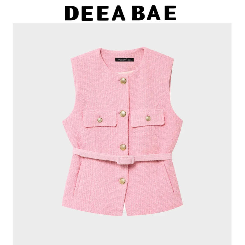 Description Picture 3 of itemDEEABAE Sweet And Fragrant Short Style Petite Waist Belt Knitted Sweater Pink Sleeveless Vest Women's Top