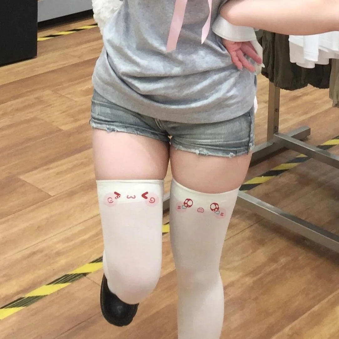 Description Picture 4 of itemJapanese Kawaii Expression Thigh Socks White Print Long Socks JK Harajuku Over Knee Thigh High Stockings Y2K Cosplay Socks