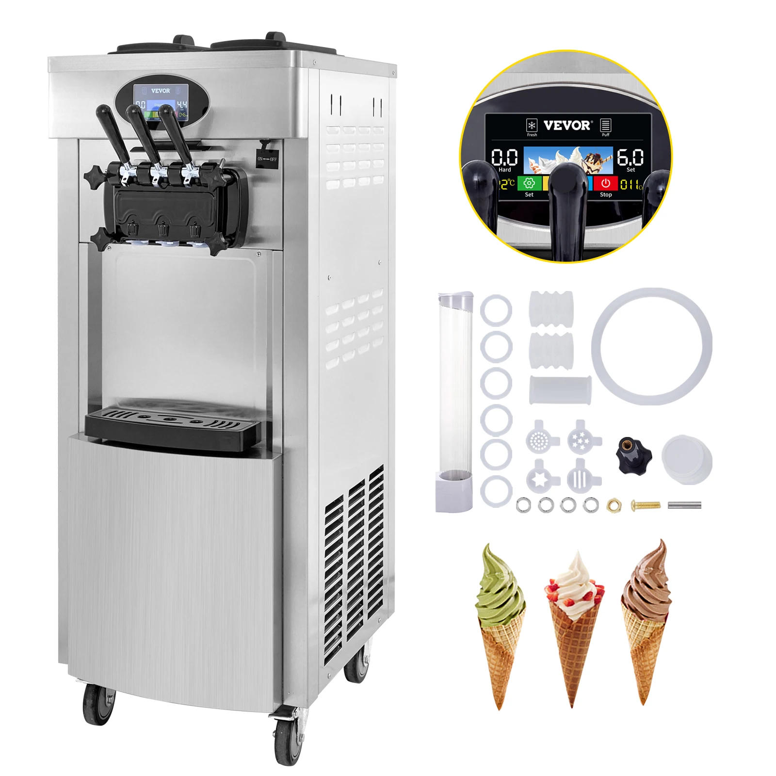 Description Picture 4 of itemVEVOR 2200W Commercial Soft Ice Cream Machine 20-28L/H Ice Cream Maker Double 6L Hoppers Ice Cream Making Machine