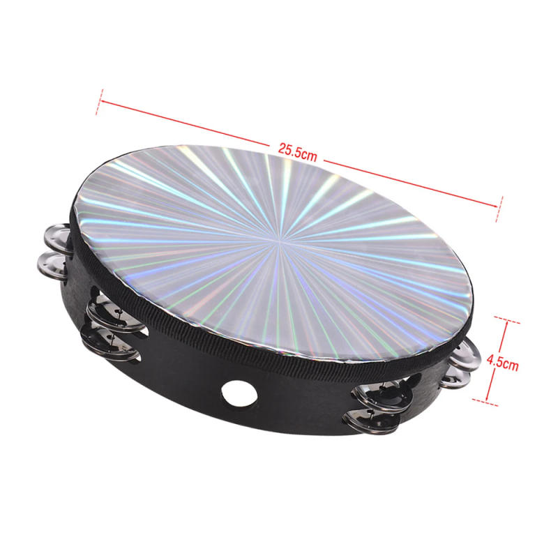 Description Picture 2 of item8/10 In Wooden Radiant Tambourine Handbell Hand Drum with Double Row Jingles Reflective Drum Head Musical Percussion Instrument