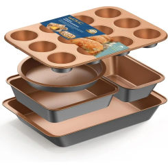 5PCS Nonstick Bakeware Set Two-color Baking Pan Round Cake Muffin Square Bread Roasting Pan Safe and Easy Clean for Oven Baking