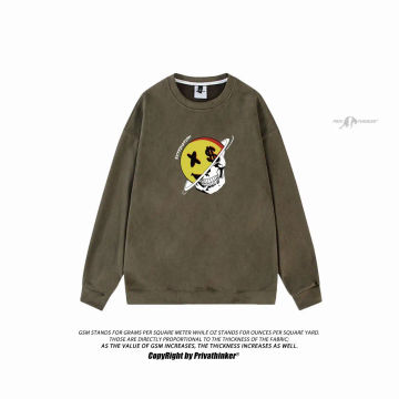 American Retro Pattern Man Loose Tops Streetwear Man Casual Suede Round Neck Sweatshirts 2023 Autumn Winter Unisex Clothing