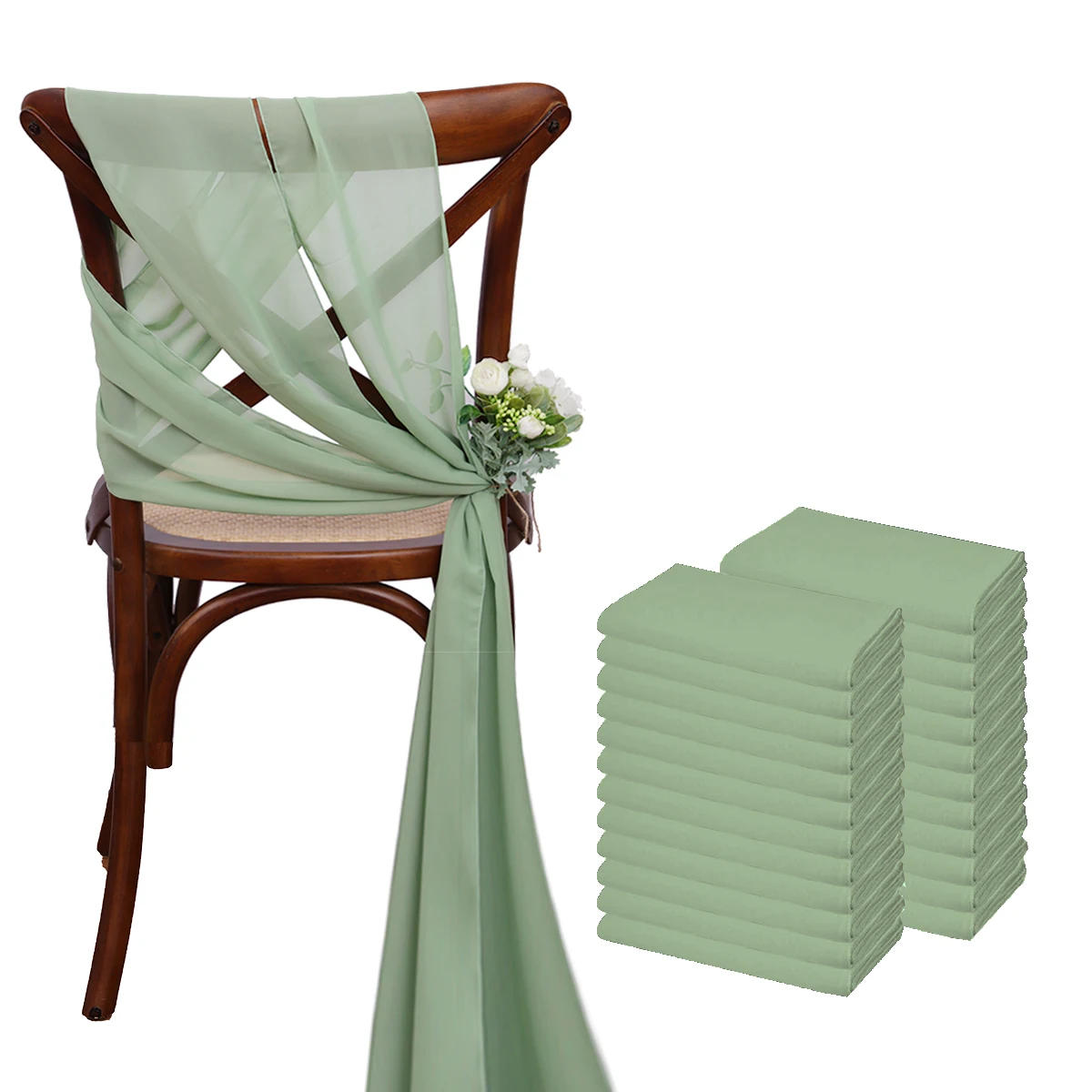 Description Picture 2 of item24 Pcs 17x275cm Chiffon Chair Sashes 12 Set Sage green Chair Sash Wedding Chair Covers Ribbon Wedding Party Aisle Chair Decor