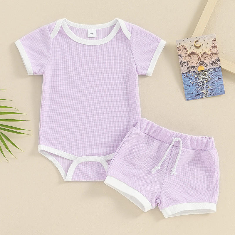Description Picture 3 of itemCasual Summer New Baby Boy Girl Outfit For Kids Clothes Patchwork Crew Neck Short Sleeve Rompers Shorts 2Pcs Kids Clothin Set