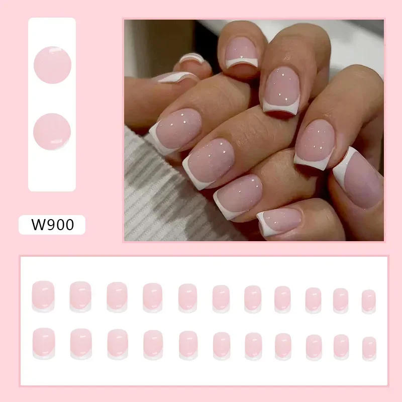 Description Picture 2 of item24 Pcs/set Artificial Square Head Short Nail Art Fake Nails Girl Pink White French Removable False Nail Ballerina Press on Nails