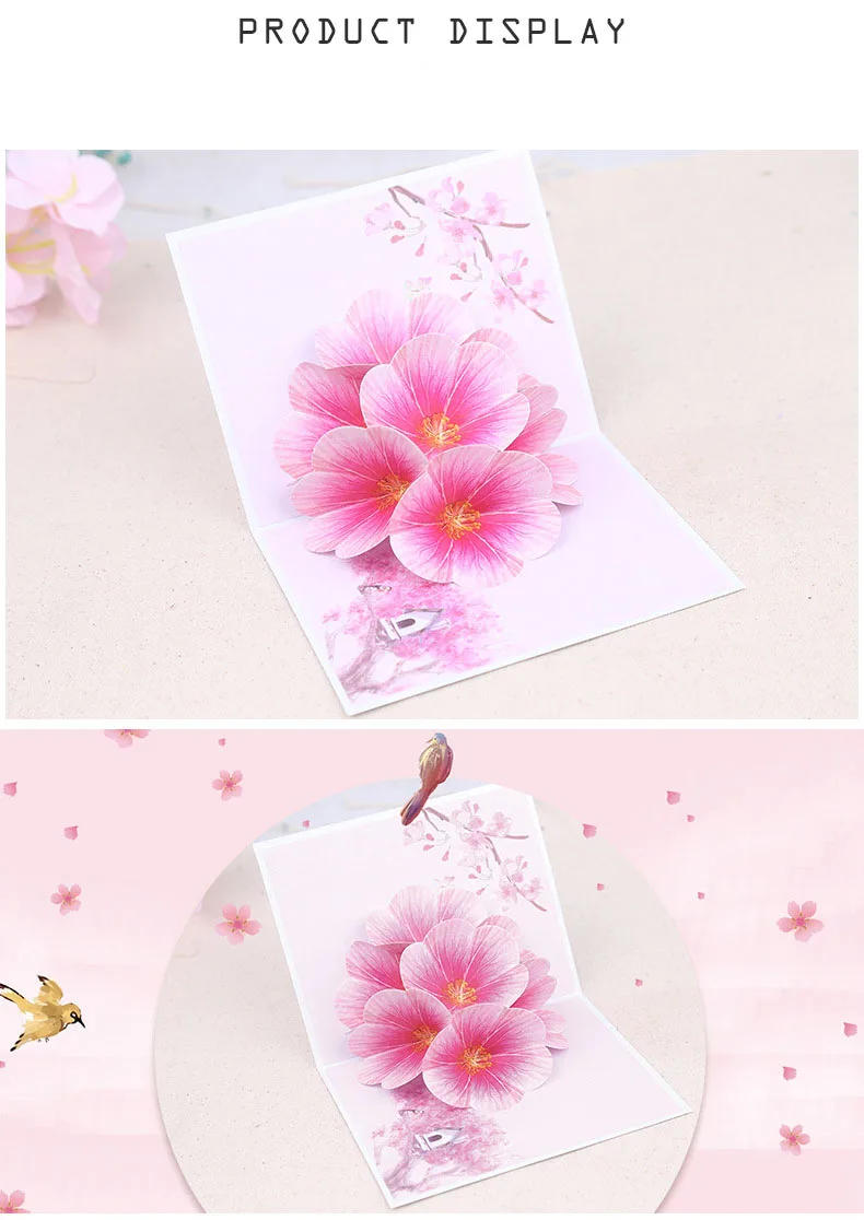 Description Picture 2 of itemPop up 3D greeting card peach blossom blooming card Valentine's Day color printing thank you blessings gifts wedding invitation