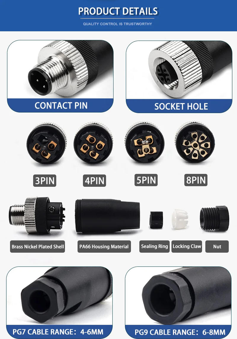 Description Picture 5 of itemM12-3/4/5/8 Pin Electrical Cable Connector Docking Plug IP67 Waterproof PG7 PG9 Aviation Connectors Bent Plug Threaded Coupling