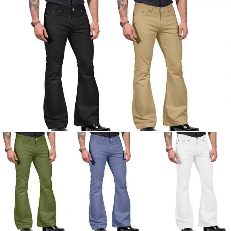 Description Picture 5 of itemStylish Men Flared Trousers Men's Vintage Flared Bell Bottom Jeans Solid Color Stretchy Slim Fit Mid-rise Trousers Harajuku