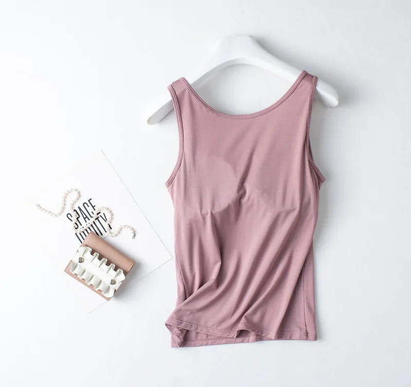 Description Picture 3 of itemWomen's One-Piece Sleeveless Slim Tank Top With Chest Pad Solid Color Soft Smooth Shockproof Casual Sport Vest With Built K15