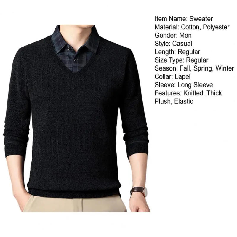 Description Picture 3 of itemLong Sleeve Men Sweater Men Fall Top Plaid Print Mid-aged Men's Sweater with Thick Plush Warmth Button Elastic Pullover for Fall