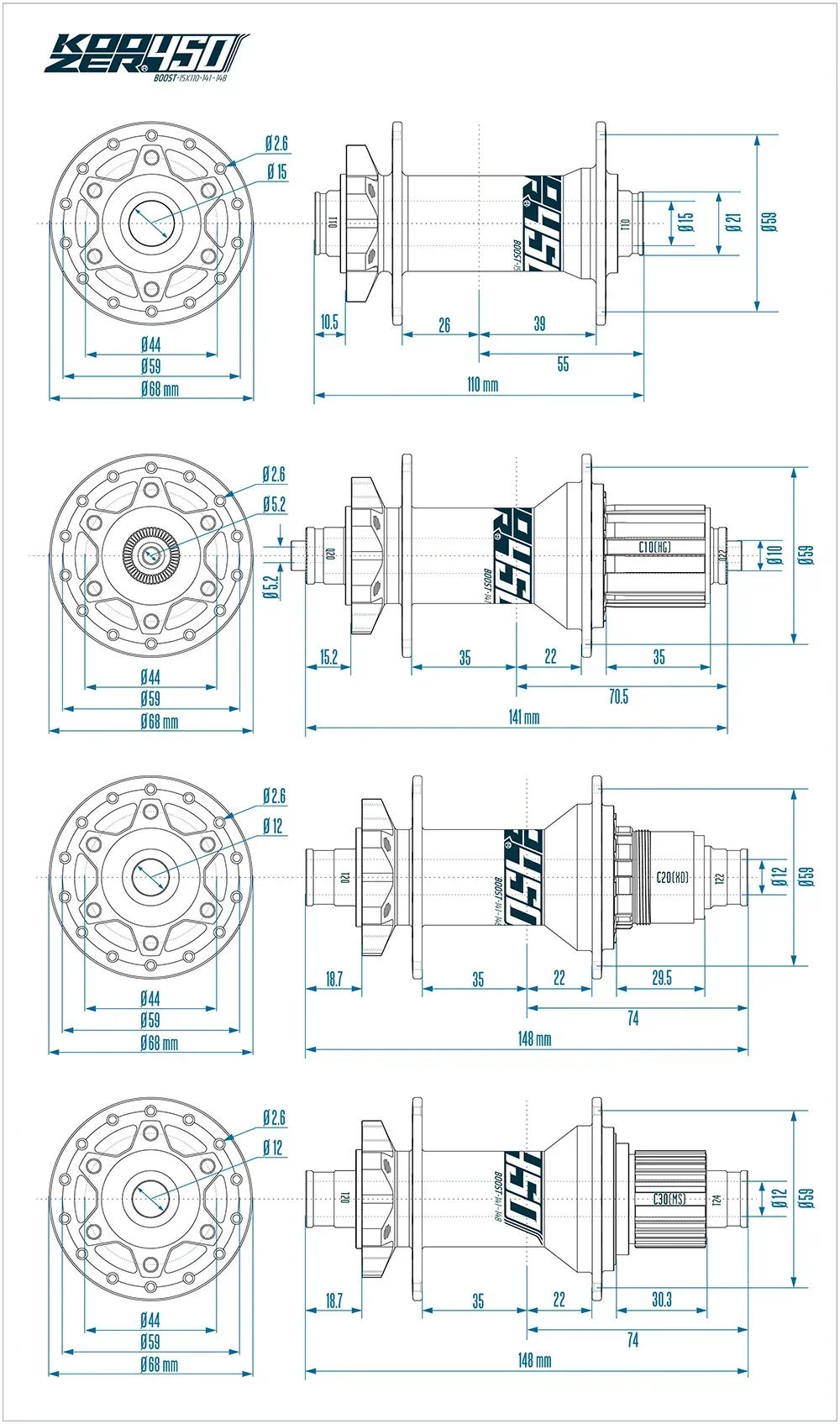 Description Picture 3 of itemKoozer 450 Front Boost cube 28 32 Holes Mtb hubs thru axle TA 15x110mm bike hub 6 Bolts Disc 2 Sealed Bearing Bicycle Hubs