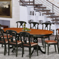 9 Pc Dining Room Set Dining Table with 8 Wooden Dining Chairs Oval Top in Cherry Color and Sleek Black Hardwood Pedestal Legs