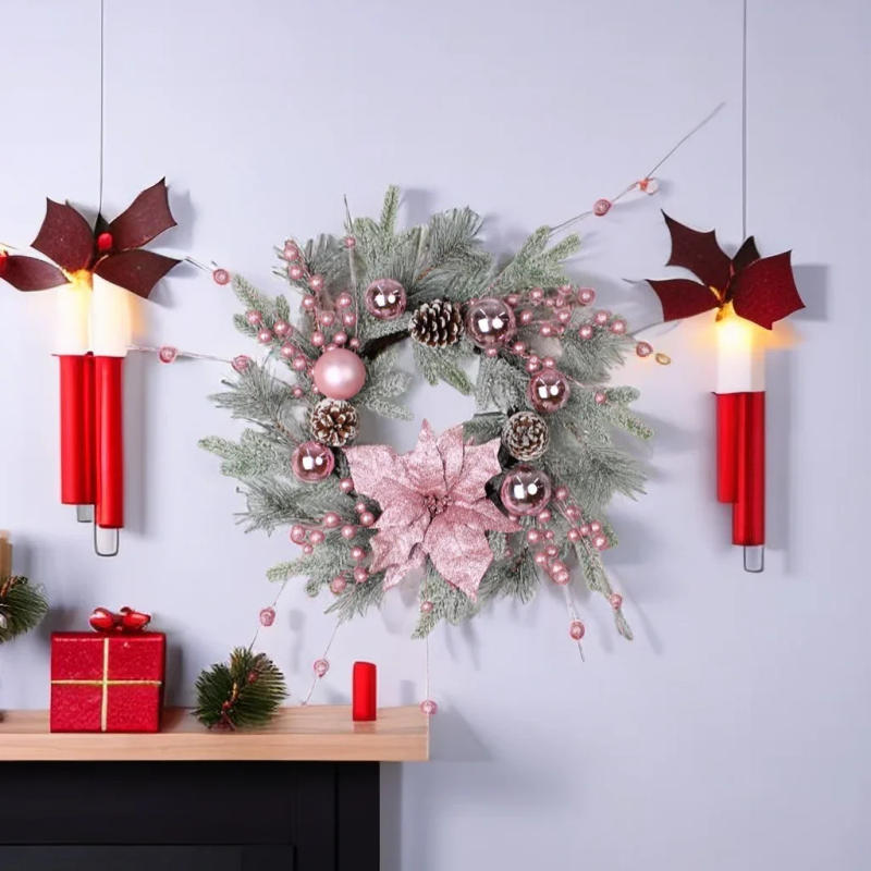 Description Picture 4 of itemNew Christmas Pink Wreath with Balls Artificial Plant Rattan Garland Christmas Rattan Hanging Ornament for New Year Home Decor